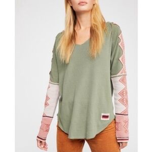 Free People Nordic long-sleeve notch v-neck mixed media top sz L green red pink
